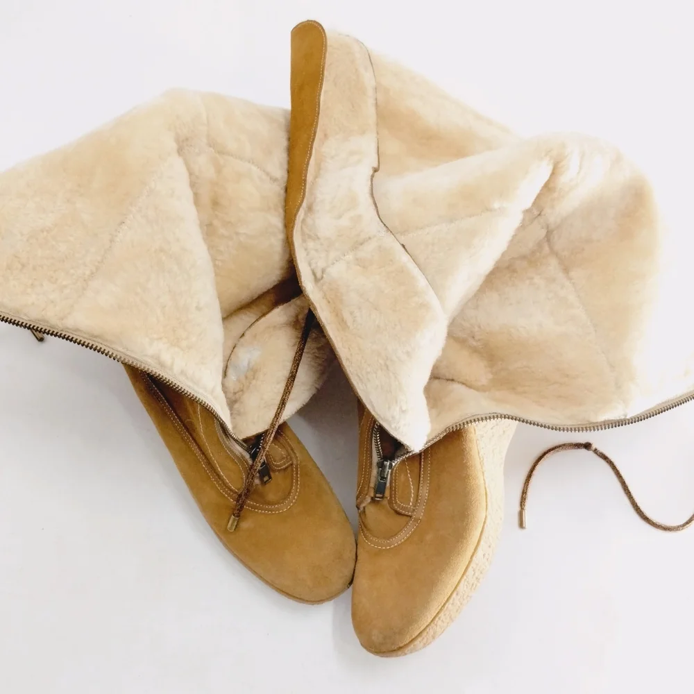 Cole Haan Tall Boots Suede Sheep Shearling‎ Zip Front